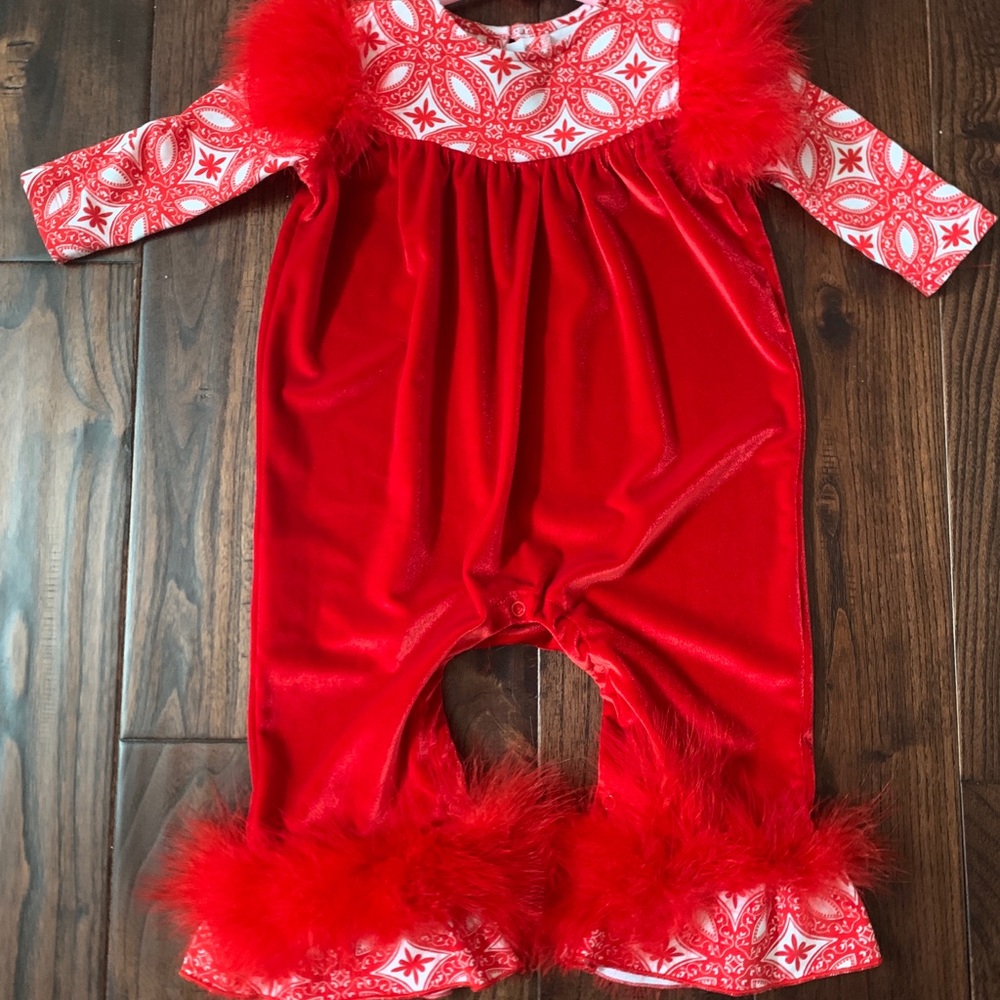 Sassy Me,Red Knit Romper With Ruffle And FeathernT